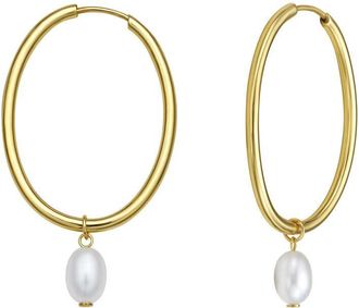 Tresorra 14K Yellow Gold Pearl Drop Oval Hoop Earrings