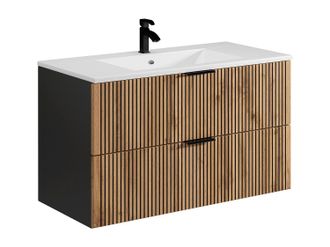 Vente-Unique Mueble de ba&ntilde;o suspendido con lavabo encastrado - Natural claro y negro - 100 cm - MADELA