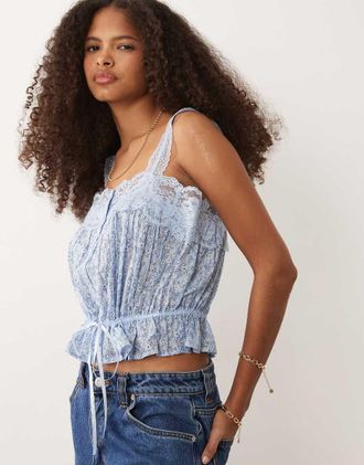 Abercrombie & Fitch Canottiera blu a fiori con scollo squadrato, bottoni e vita stretta