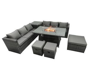 Fimous Rattan Garden Furniture Firepit Dining Set 9 Seater Lounge Sofa Table Set with Side Table 3 Footstool in Dark Grey