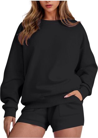Generic Womens Tracksuit UK Casual Long Sleeve Crewneck Sweatshirt and Shorts Sets 2025 Fall Fashion Solid Color Two Piece Outsuits Dressy Comfy Loose Fit Swe