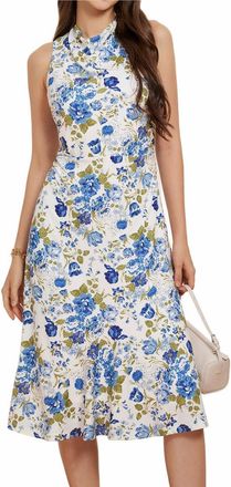 Grace Karin Ladies Slim Fit Dress Pleated Neck Sleeveless Dress Party Dress Blue Flower Dress 2615-1