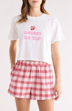 Open Edit Boxy Crop Sleep T-Shirt in White Pink Cherry On Top at Nordstrom, Size X-Large