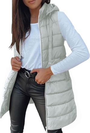 Generic Quilted Gilet for Women UK Ladies Longline Hooded Puffer Jackets Padded Sleeveless Warm Bodywarmers Vest Lightweight Cozy Waistcoat Zipper Transitiona