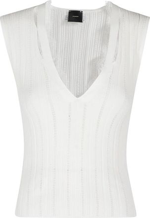 Pinko Witte Gebreide Top met Kantafwerking - Dames - V-hals truien - Wit - XS - Polyester - Truien & Vesten
