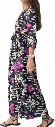 Vilagallo Long Wrap Ikat Dress In Ikat Navy