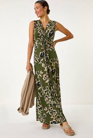Roman Leaf Print Twist Front Maxi Dress