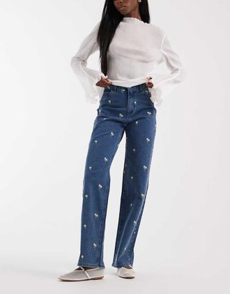 Pieces Jeans dritti blu medio con fiori ricamati