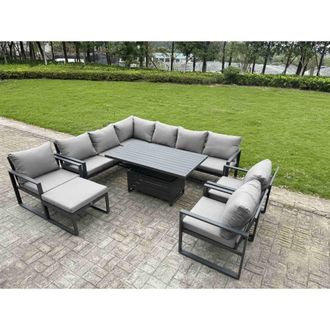 Fimous 10 Seater Aluminum Conversational Set with Lifting Table & Cushions in Dark Grey