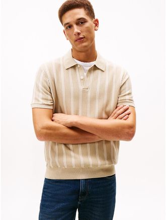 Tommy Hilfiger Mens Textured Stripe Sweater Polo - Beige - XXL