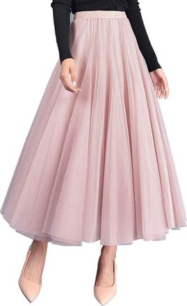Feoya Womens Chiffon Long Maxi Skirts A-line Prom Party Casual Maxi Dress Pink