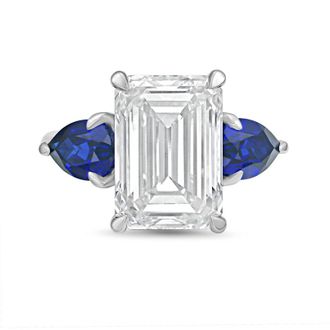Diana M. Jewels Platinum lab grown 15ct emerald diamond ring with sapphire pears on the sides