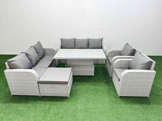 Fimous PE Rattan High Back Lounge Sofa Set Patio Adjustable Lifting Dining or Coffee Table & Chairs Set w/ 3 Seater Sofa Reclining Chair Big