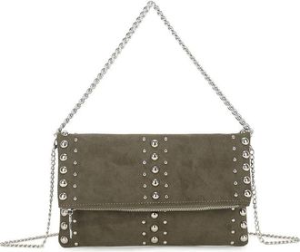 Girly HandBags Womens Faux Suede Handbag with Stud Detail - Flat Tote Purse, Shoulder Bag Large Oliver Green