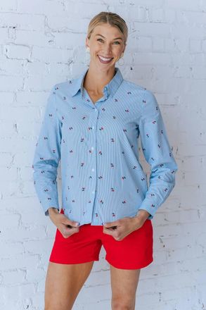 b.young Fenix Cherry Button Up Top In Della Robba Blue