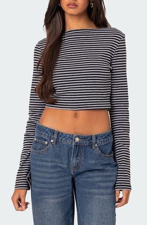 Edikted Charlee Stripe Long Sleeve Crop Top in Gray at Nordstrom, Size X-Large