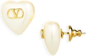 Valentino Garavani VLogo Signature Faux Pearl Heart Stud Earrings in Gold/White at Nordstrom