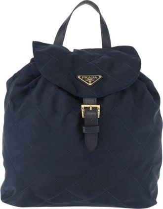 Prada Buckle Backpack Quilted Tessuto Navy Nylon Backpack Bag (Pre-Owned)