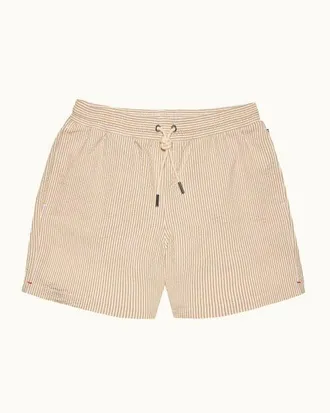 Orlebar Brown Boxer Seersuckeer Mid-Length Relaxed Fit Seersucker Stripe Drawcord Swim Shorts in Walnut at Nordstrom, Size 40