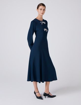 Ghost London Cora Crepe Tie Front Midi Dress in Navy at Nordstrom, Size 12