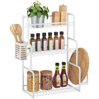 Relaxdays Relaxdays Scaffale Portaspezie per la Cucina, con 3 Mensole, Portaposate e Portataglieri in Ferro, 60,5x53x22 cm, Bianco