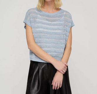 Lafayette 148 New York Striped Lace Stitch Sweater In Blue Dust Melange