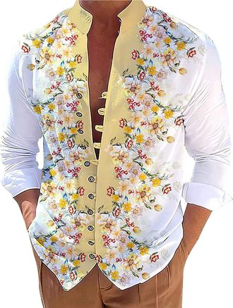 Generic Mens Shirts Long Sleeve Casual Digital 3D Printed Shirt Beach Shirts Hawaiian Floral Shirts Formal Business Shirt Tops Funky Work Shirt Long-Sleeve Pe