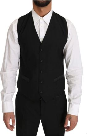 Dolce & Gabbana Elegante Zwarte Slim Fit Formele Vest - Heren - Gillet - Zwart - M - Wol - Kostuums