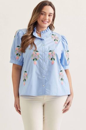Entro Embroidered Floral Short Sleeve Top - Plus In Blue