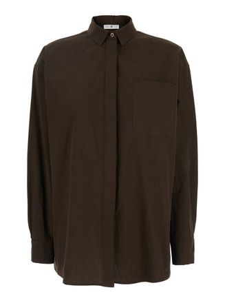Pantaloni Torino Brown Shirt With Classic Collar And Patch Pocket On The Chest In Cotton Woman
