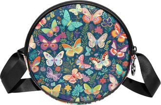 Generic Circle Crossbody Bag for Women, Colorful Butterfly Leaves Small Sling Bag Daypack with Zipper Adjustable Shoulder Straps Casual Ladies Girls Round Pur
