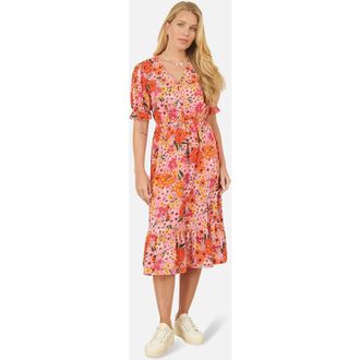 Yumi Short Sleeve V-Neck Printed Midi Dress in Pink at Nordstrom, Size 10