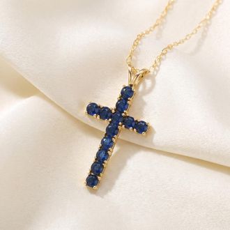 Pompeii3 1 1/5 Ct Genuine Blue Sapphire Cross Pendant Necklace 18 Yellow Gold 1 Tall