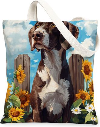 Generic Spring German Shorthaired Pointer Dog Canvas Tote Bag for Shopping 13x15, Sunflower Fence Puppy Reusable Grocery Print Bag for Women, Farmhouse Beach 