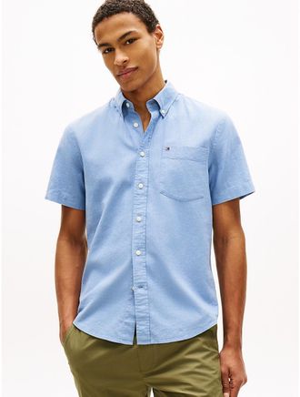 Tommy Hilfiger Mens Regular Fit Dyed Cotton-Linen Shirt - Blue - XXL