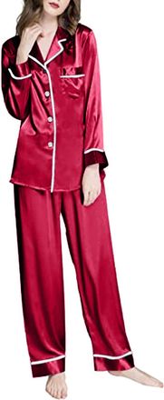 Generic Satin Pyjamas For Women Plus Size, Ladies Silk Pyjamas Elegant Sleepwear Sets Casual Button Down Nightwear Comfy Smooth Loungewear Solid Color Elastic