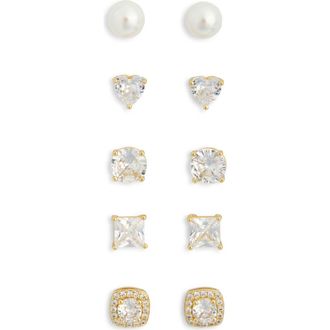 Nordstrom Rack 5-Pack Assorted CZ & Faux Pearl Stud Earrings in Clear- White- Gold at Nordstrom Rack
