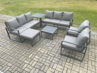 Fimous Aluminium Patio Outdoor Garden Furniture Lounge Sofa Set with Square Coffee Table 2 Chairs Big Footstool Side Table Dark Grey