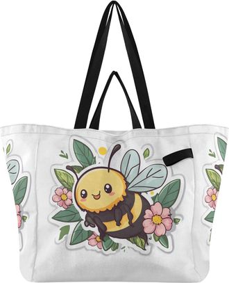 Generic Bee Flowers White print Reusable Canvas Tote Bag, Heavy Duty Grocery Shopping Bag with Double Handles Hard Bottom Large Capacity Work Groceries Travel