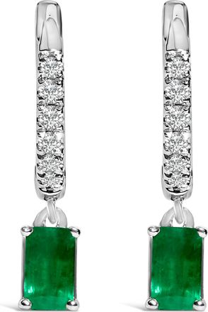 House of Brilliance 10K White Gold Oval Green Emerald and 1/8 Cttw Diamond Drop Earrings