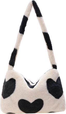 Generic Womens Plush Bags Women Plush Flower Pattern Shoulder Bags Elegant Female Underarm Fur Handbag Furry Fluffy Tote Design(Black love O)