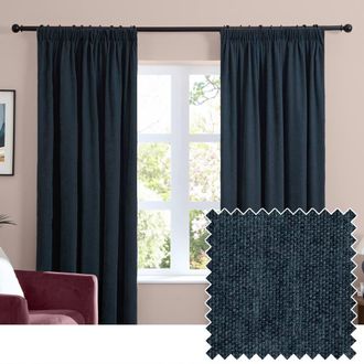 furn. Soft Chenille Blackout Pencil Pleat Curtain Pair in Navy | Size: 229 cm width x 229 cm drop