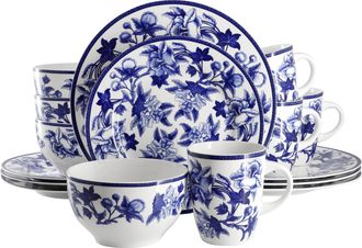 Elama Cattleya Orchid 16 Piece Round Porcelain Dinnerware Set in Blue and White