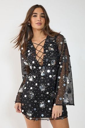 NASTY GAL Lace Up Fluted Sleeve Mini Dress in Black at Nordstrom, Size 4