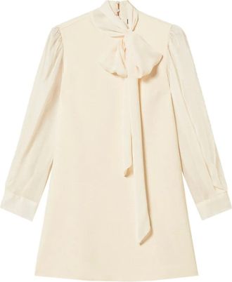 Twin-Set pussy-bow sheer-sleeve mini dress - Neutrals