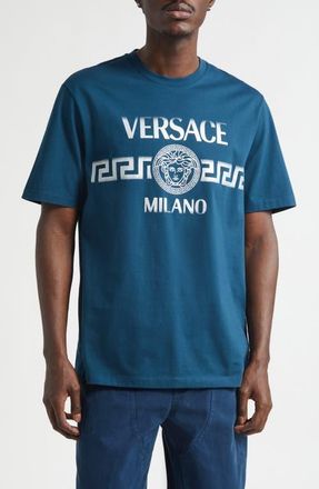 Versace Medusa Glitter Compact Cotton Jersey Graphic T-Shirt in Petrol Blue at Nordstrom, Size Xx-Large