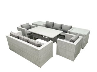 Fimous Rattan Garden Furniture Set Outdoor 8 Seater Patio Dinin g Sofa Sets with Dining Table 2 Chairs 2 Side Tables Light Grey Mixed