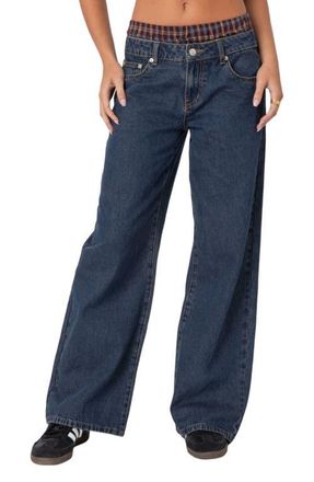 Edikted Boxer Detail Wide Leg Jeans in Blue at Nordstrom, Size X-Small