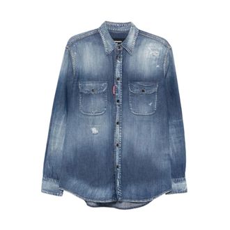 Dsquared2 Denim Shirts, male, Blue, Size: XL Canadian Distressed Denim Shirt