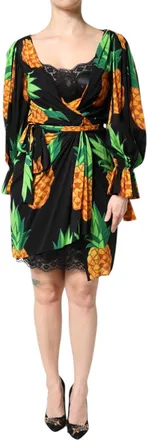 Dolce & Gabbana Womens Black Silk Pineapple Draped Print Wrap Dress Elastane